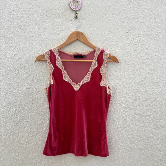 Vintage Y2K Pink Velour Lace Trim Tank Top - Picture 1 of 3